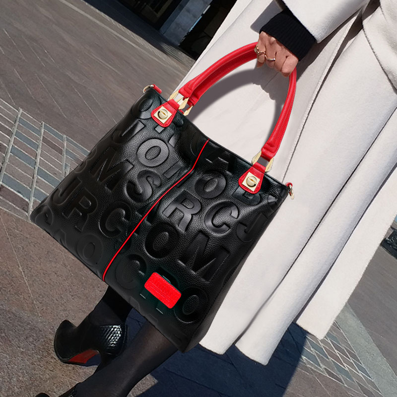 Women Bags Work - Echte koeienhuid lederen tas met reliëfletters,